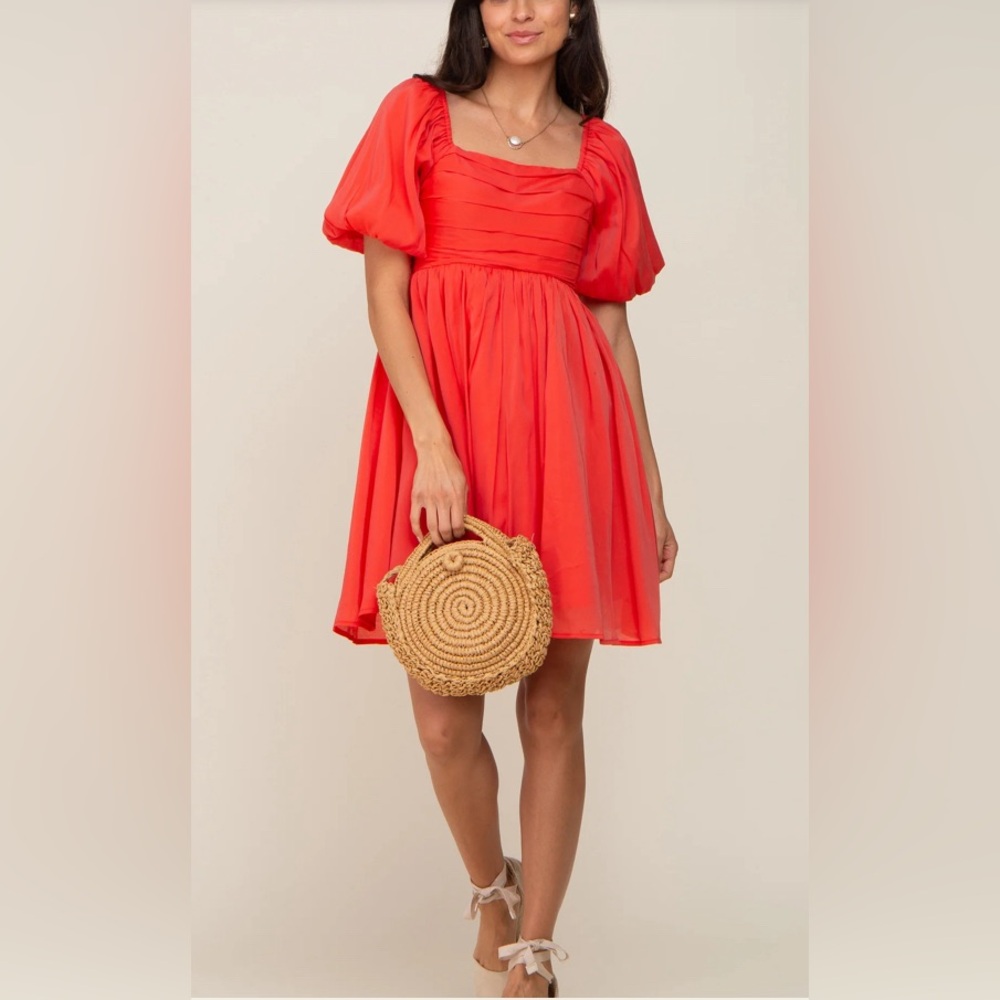 Entro Orange Square Neck Puff Short Sleeve Dress | New Without Tags